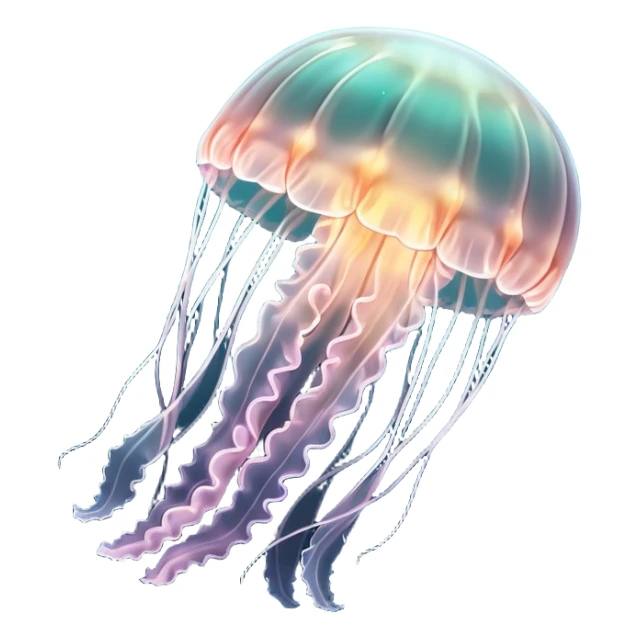 A transparent jellyfish, specifically Aurelia aurita, almost completely see-through. Its body is made of translucent material, glowing softly in dark water, creating a beautiful, ethereal effect. Minimalist, modern design with a glowing, translucent look sticker