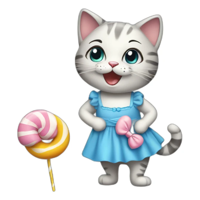 a cheerful cat in a blue dress with candy sticker