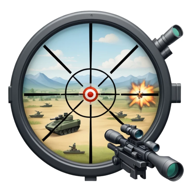 An icon symbolizing first-person shooter games. The design features a circular sniper scope view with crosshairs aimed at a distant target. The background shows a battlefield with soldiers and explosions, capturing the action-packed intensity of FPS games. Transparent background. sticker