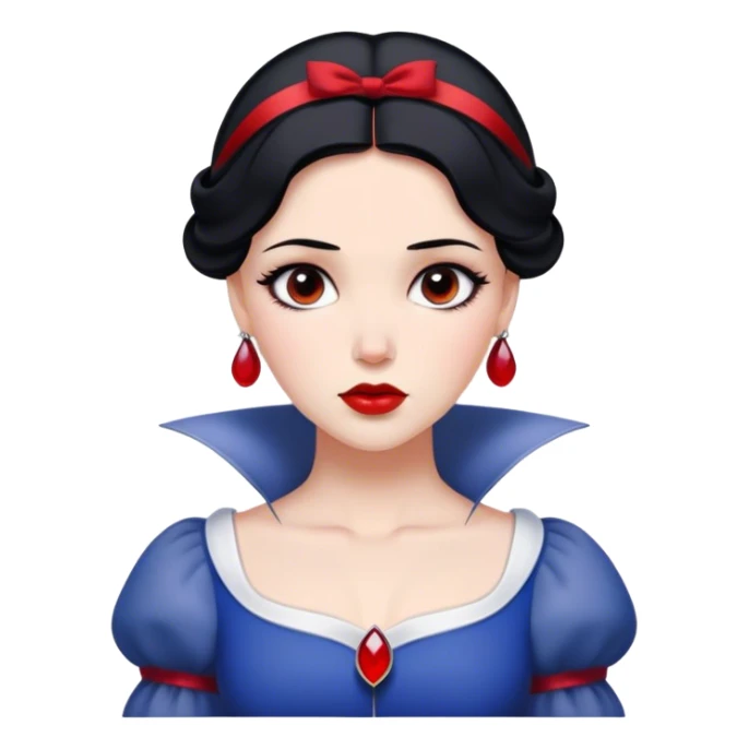 Cinematic Majestic Snow White Portrait Emoji, rendered in a clean, vector-style with bold, simplified shapes. Show Snow White with a serene, noble expression, radiant porcelain skin, and elegantly styled raven hair accented with subtle red highlights, her attire simple yet refined. The design radiates a majestic, pure glow with high shine and a soft glowing outline, embodying classic royal beauty. sticker