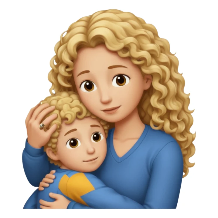 a mother with blond curly long hugging his son with brown hair and like saying its okay sticker