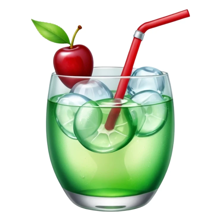 Create an emoji with a very clear rounded glass and ice, bright transparent green soda , a smooth vanilla scoop circle shape, a glossy red cherry, using vibrant colors, soft shading, and clear glass highlights.
 sticker