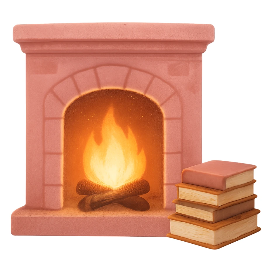 pink cozy fireplace with a stack of books, warm glow sticker