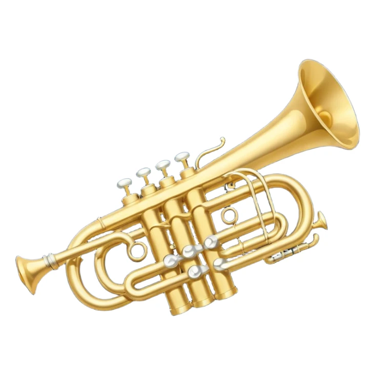“Flat vector icon of a golden side-view trumpet with mouthpiece, bell, and three valves, thick outline, centered on a deep navy blue rounded-square (or circle); from the bell, 2–3 small white or light-blue music notes with dark outline emerge.  sticker