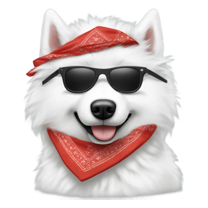 Samoyed wearing a bandana with sunglasses and a cigarette sticker