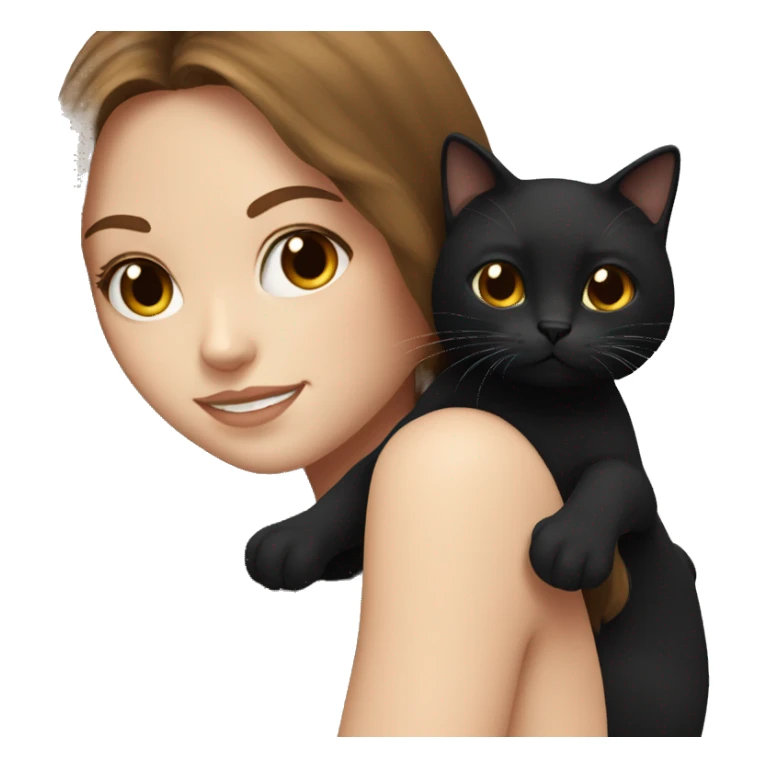 white girl with long brown hair holding fluffy black cat sticker