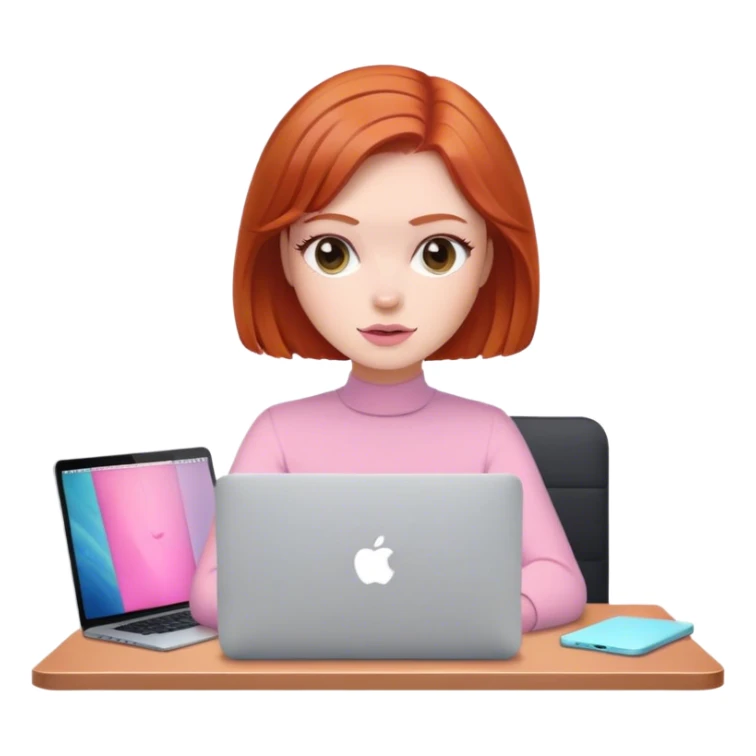 Bob hair Redhead sat at desk with pink MacBook  sticker