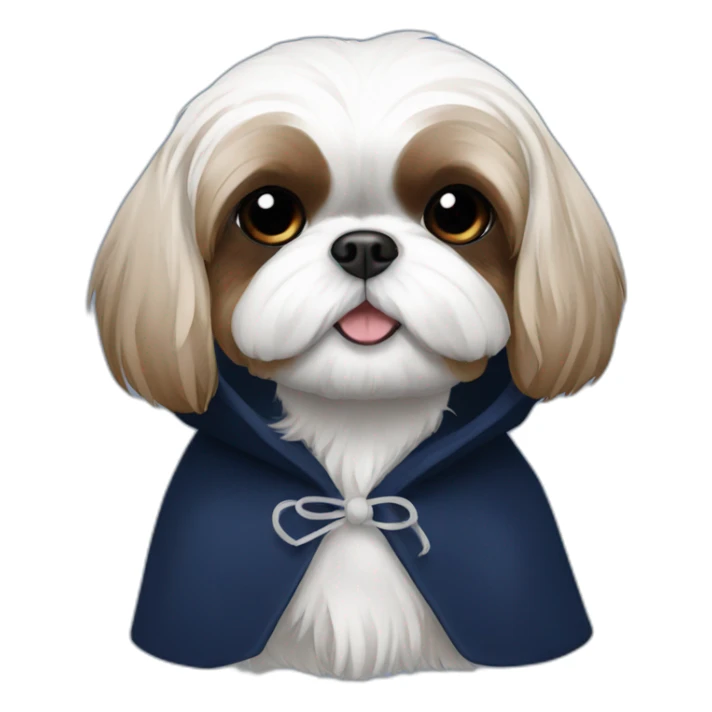 White and brown Shih tzu in navy blue coat with hood sticker