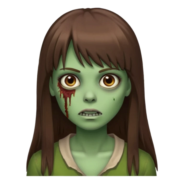Zumbi feminino, de pele verde, cabelo marrom, longo, liso e castanho com franja sticker