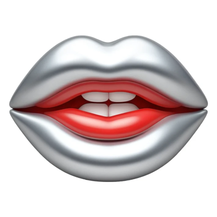 female lips emoji, smooth liquid metal chrome surface, sculpted shape, high-gloss reflections, monochrome futuristic 3D style, isolated on white sticker