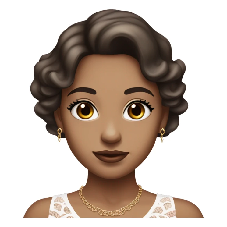 fair-skinned girl with black, slim shaped eyes and long lashes. long, dark brown hair styled in a wavy blowout. wearing a delicate white lace tank top and a dainty gold necklace, plump light pink lips. sticker