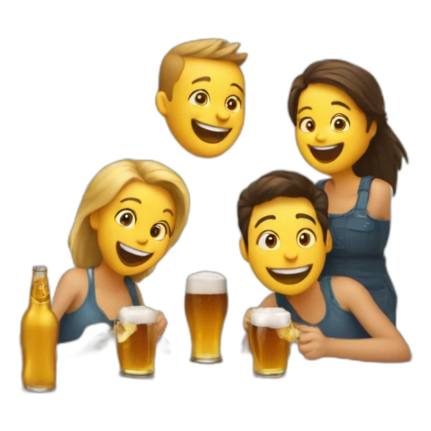 3 people laughing around a square table with 3 small beers on it. No yellow people sticker