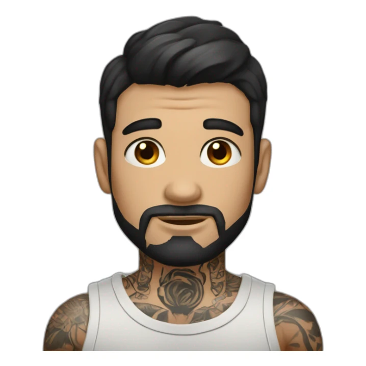 Short-haired dark-haired man with tattoos on his arms, includes the word "KAIZER" sticker