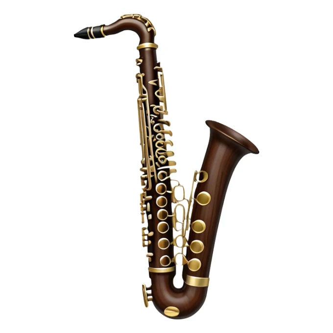 Create a detailed and unique emoji representing a clarinet with a saxophone-style mouthpiece. The design should feature the sleek, dark wood finish of the clarinet, with its shiny metal keys clearly visible, but at the top, include the large, curved mouthpiece typical of a saxophone. The mouthpiece should have a reed, similar to the one used in a saxophone, with subtle details to indicate its function. Use dark wood tones for the body of the instrument and silver or brass accents for the keys. Add small musical notes or soundwaves around the instrument to evoke its smooth, melodic sound. The background should be transparent sticker