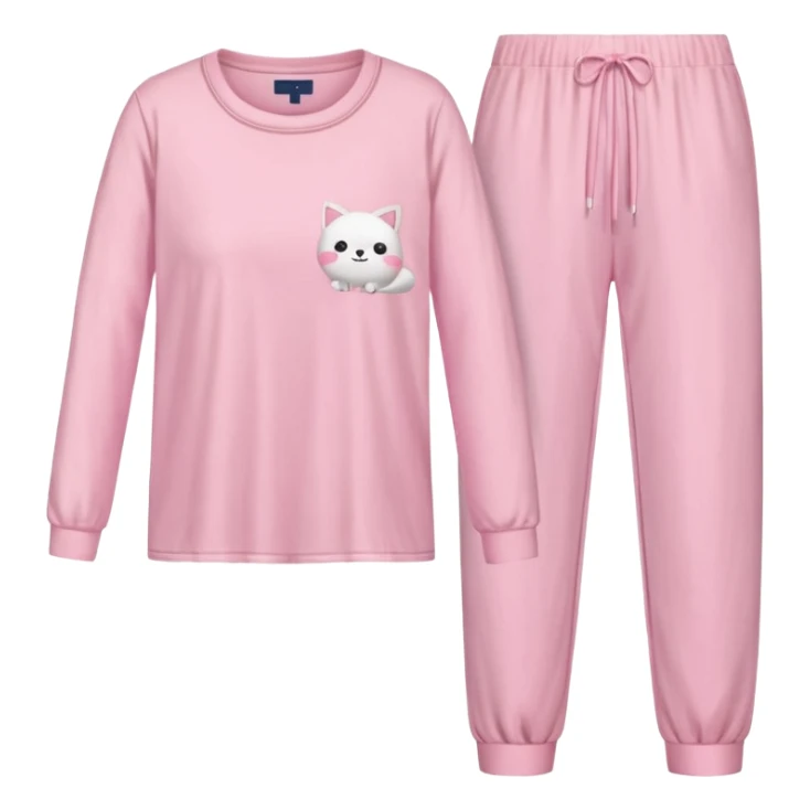  pink ozy two-piece pajama set with a soft fabric texture, long-sleeve top and pants, cute and comfy design, folded or on a hanger, pastel tones, realistic style, isolated on transp sticker