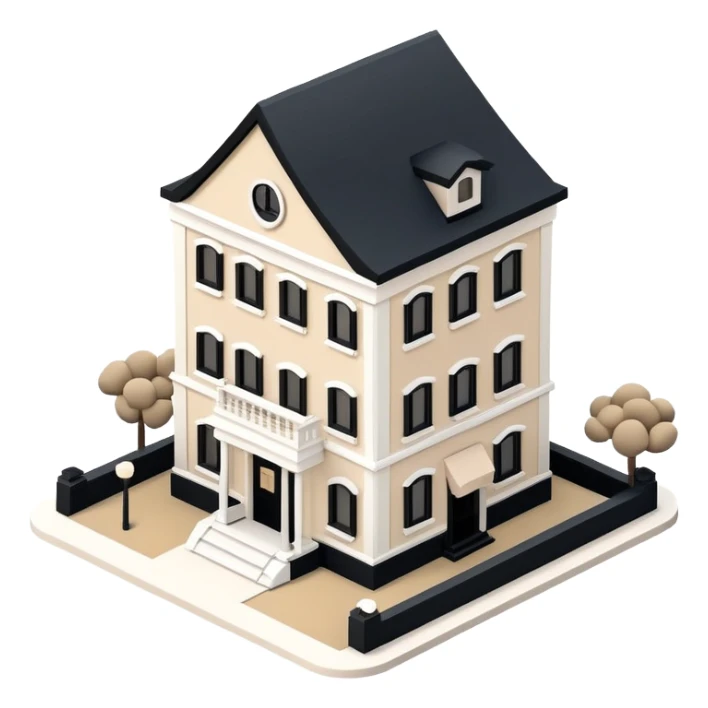 Isometric exterior little black, beige, and white hotel, elegant dollhouse style 3D realistic  sticker