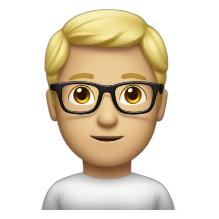 a man with blond hair with black glasses, small smile, with the body sticker