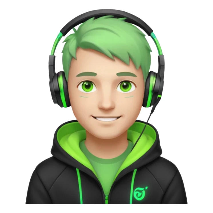 friendly streamer avatar, smiling man, stylized illustration, neon green eyes with soft warm highlights, hoodie and headset with neon accents, subtle cyberpunk vibe, dark background, clean lines, cozy and friendly mood sticker