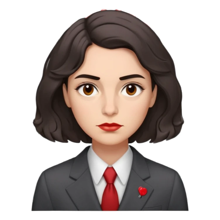 Gender: Non-binary Hair: Medium-length wavy bob, deep brown Face: Tense jawline, single vertical brow wrinkle Clothes: Tailored charcoal suit Action: Pinning deadlines on calendar with red pins sticker