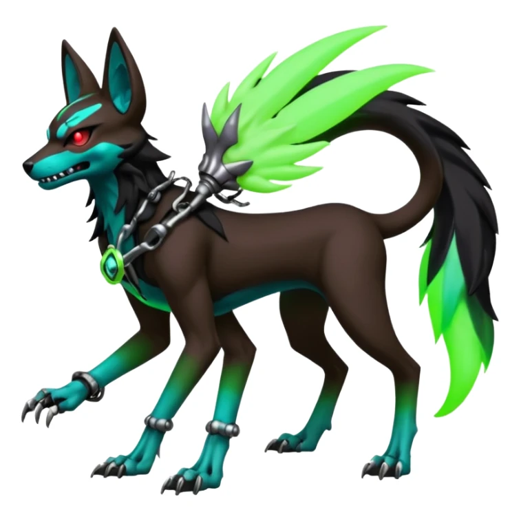 Hyper realistic demonic slim skeletal black and neon green futuristic shiny colorful bioluminescent cyber-Poochyena-Lycanroc-Zorua-Litten-Houndoom-Fakémon-Pokémon-Digimon-hybrid-fusion (full body) with a skull face sticker
