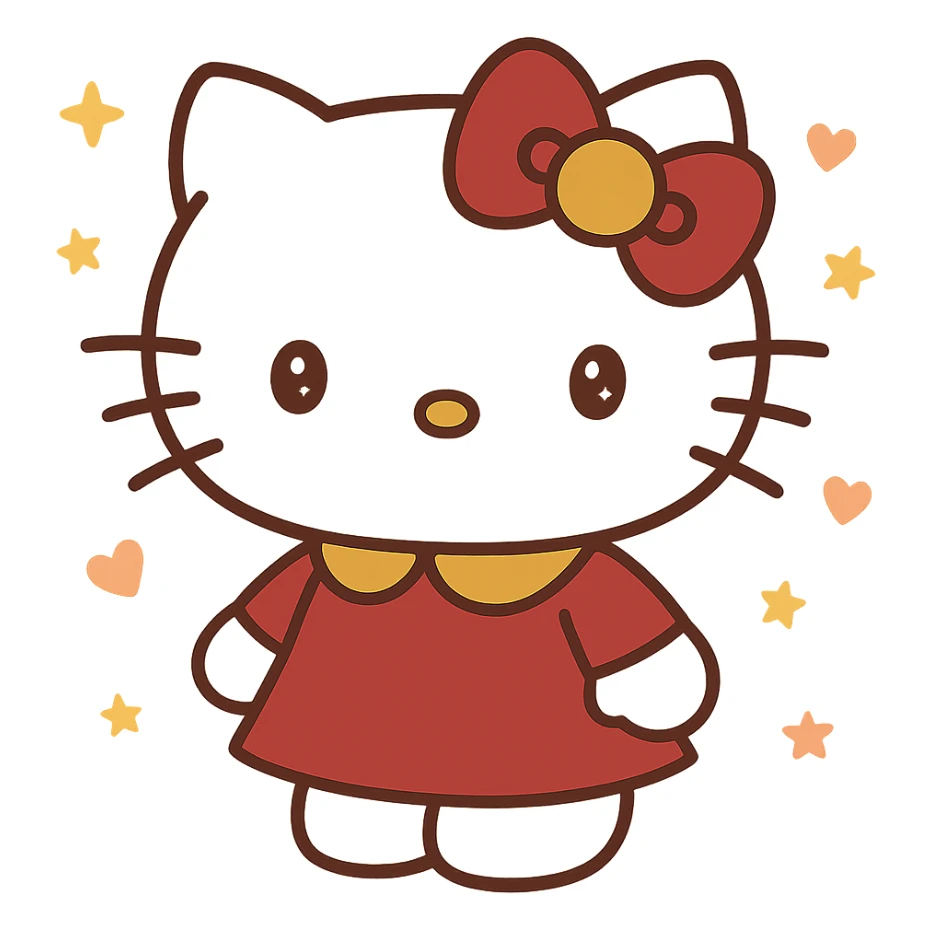 Hello Kitty Autumn Style, with a burgundy and metallic gold bow, and a matching outfit sticker