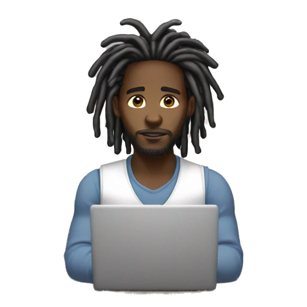 Black-guy-with-dreads-wearing-white-vest-sitting-down-on-floor-facing-foward-focused-on-laptop-computer sticker