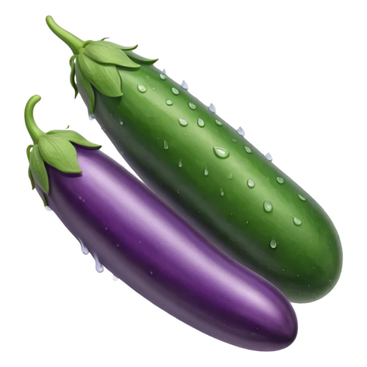 Detailed dripping wet long cucumber shaped eggplant with two small round eggplants attached underneath  sticker