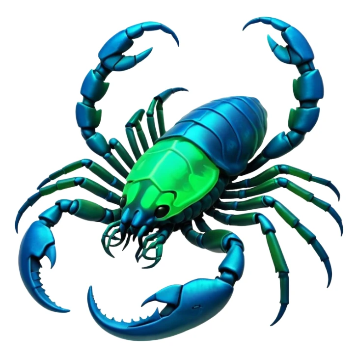 3D render of Radioactive Scorpion, bioluminescent deep sea style, glowing neon blue and green lights, dark background to contrast the glow, translucent organic textures, more emission. sticker