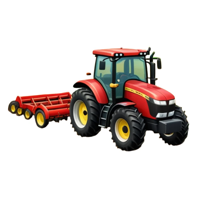 An icon representing a farming simulator, with a detailed tractor plowing fields under a bright sky with rural landscape. The design includes farming tools, crops and barns, symbolizing the immersive experience of managing a farm. Transparent background. sticker