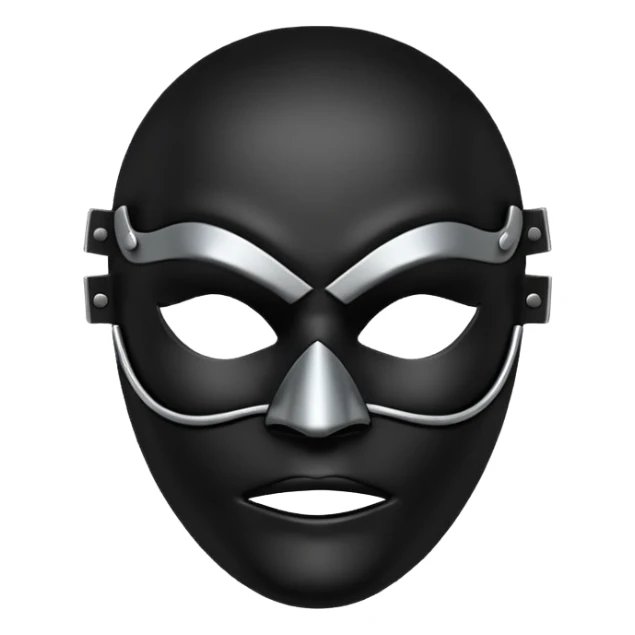 Minimal emoji, gothic mask forged from matte black leather, emotionless expression, smooth heavy surface, subtle metallic texture, deep shadows, no glow, no neon, flat emoji style, centered sticker