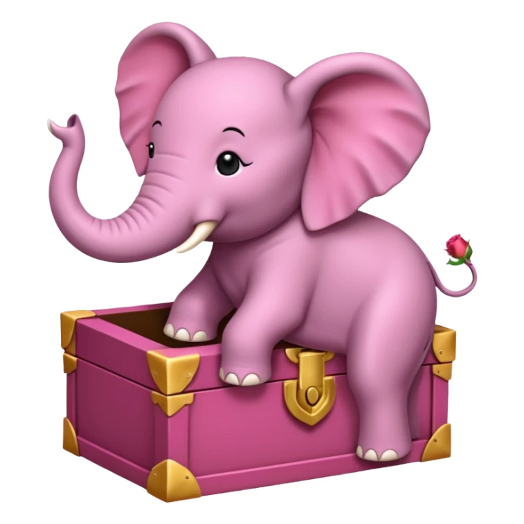 Une boite à trésor ouverte, avec un éléphant rose qui sort sa tête sticker