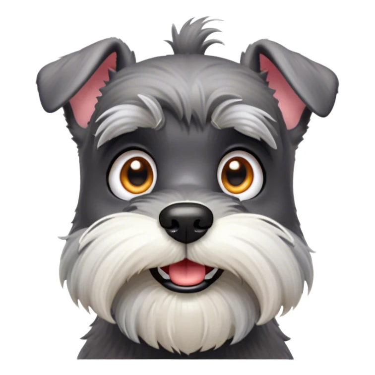 Cinematic Comical Miniature Schnauzer Portrait Emoji, Head tilted dramatically with a comically shocked expression and large, animated eyes, featuring a sharply defined salt-and-pepper fur with exaggerated, humorous eyebrows, simplified yet hilariously detailed, glowing with a bold, playful radiance, high shine, exuding a spirited and cheeky charm, styled with a soft glowing outline, capturing the essence of a Miniature Schnauzer that appears ready to dash into a burst of comic energy! sticker