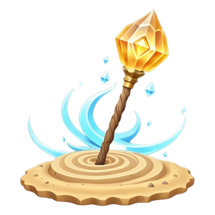 desert sand mage staff object icon, ancient wooden staff, swirling sand crystal on top, glowing golden aura, small floating sand particles, fantasy desert style, 3D cartoon, mobile game icon style, centered, clean background, soft shadow, no text, no watermark
 sticker