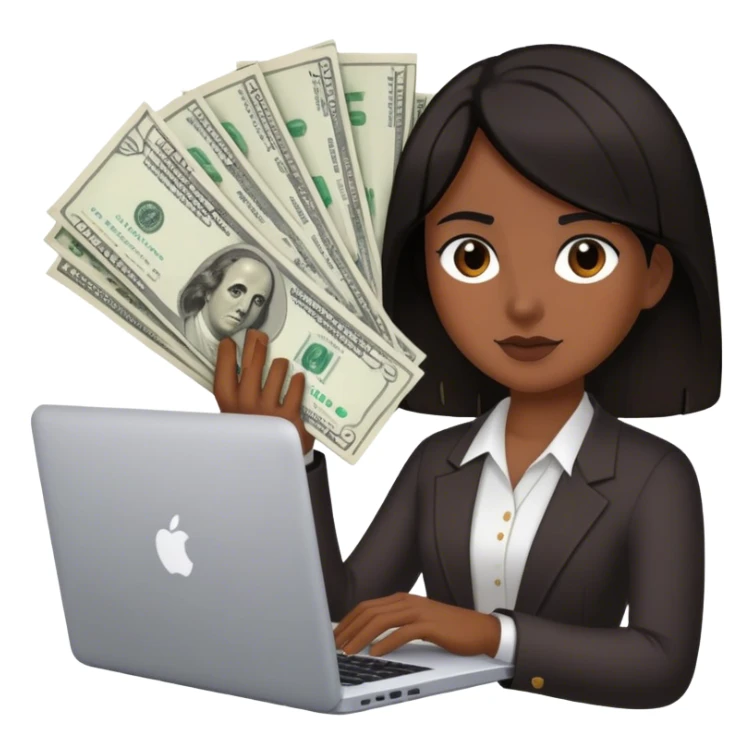 dark-haired person with a laptop and some bills, with money  sticker