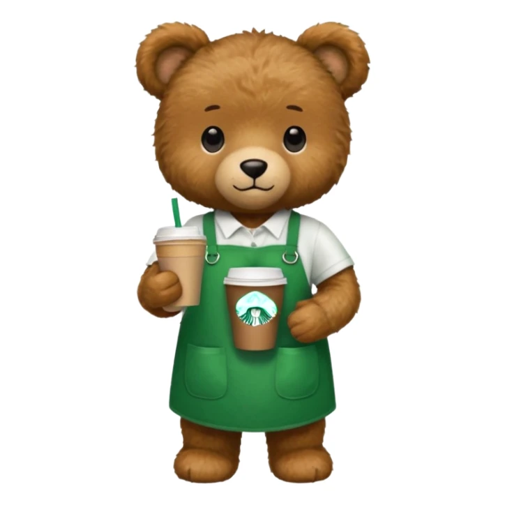 teddy bear wearing green apron with one cup of starbucks coffee sticker