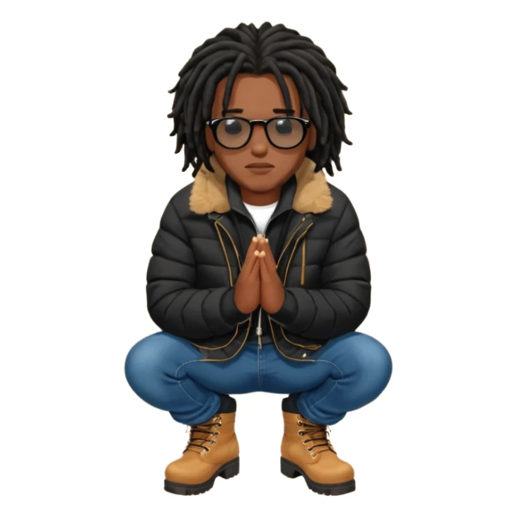 African American man brown skin complexion with black dreadlocks shoulder length wearing black bubble winter coat wearing black sunglasses with denim skinny jeans and timberland boots kneeling on one knee in prayer sticker