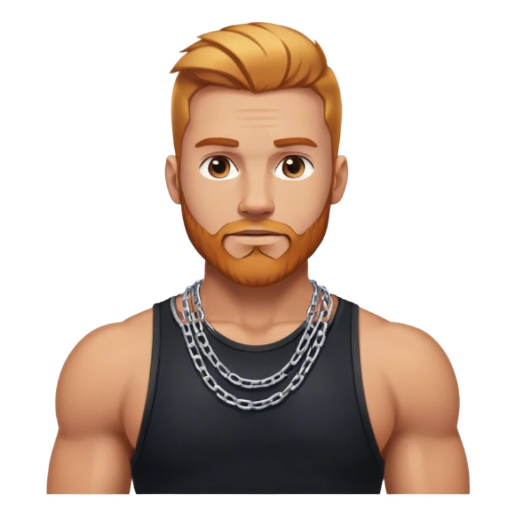 Buff hot man selfie with thick silver chain link necklace and reddish blonde hair and beard with shaved sides of head and blond highlights on top in black tank top sticker