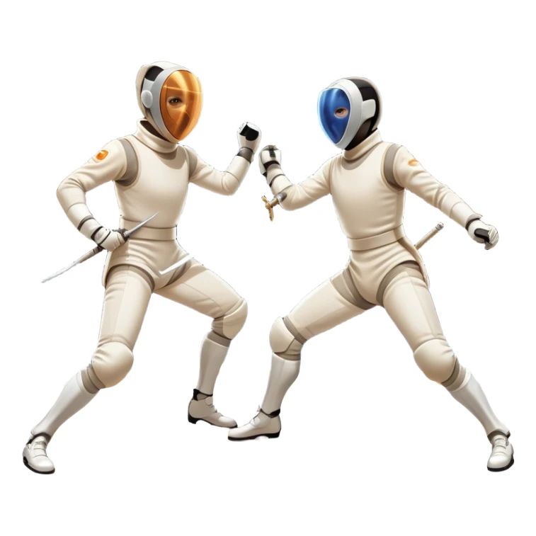 Two fencers in full protective gear and masks duel on a professional piste, swords clashing mid-air. Dynamic lunges and defensive stances highlight the intensity of the sport. The background features a stylized fencing arena with bright lights. Transparent background sticker