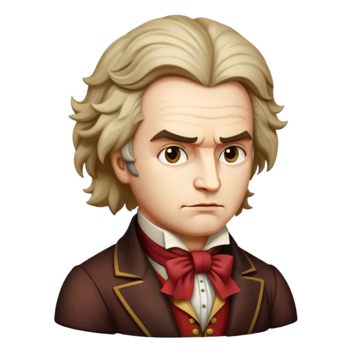 Cinematic Realistic Beethoven Portrait Emoji, depicted as a passionate composer with intense expressive features in period attire, rendered with rich textures and dramatic moody lighting that captures the turbulent genius of his music. sticker