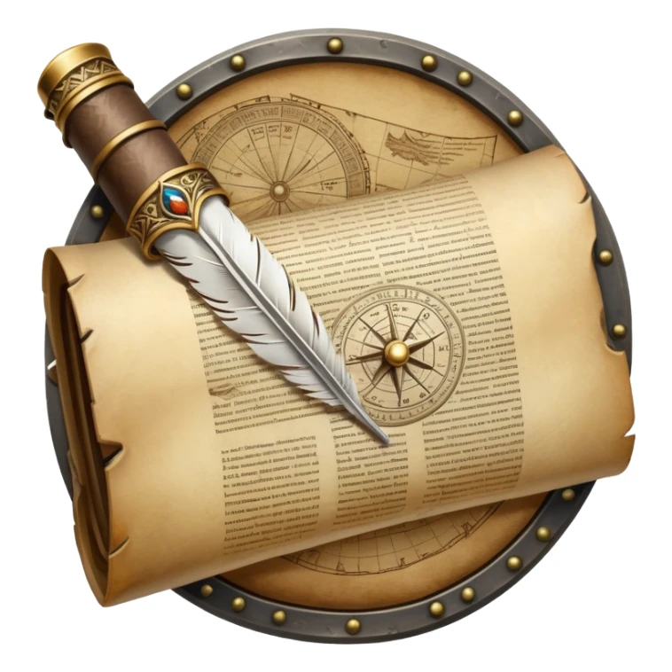 An icon featuring an ancient scroll, a quill, and a historical artifact like a shield or coin. The design includes a backdrop of old maps and timelines, symbolizing the study of past events and civilizations. Transparent background highlights the exploration of history. sticker