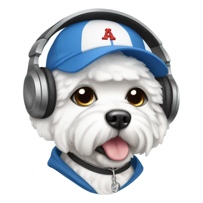 A Bichon wearing a baseball cap and headphones and a hoodie  sticker