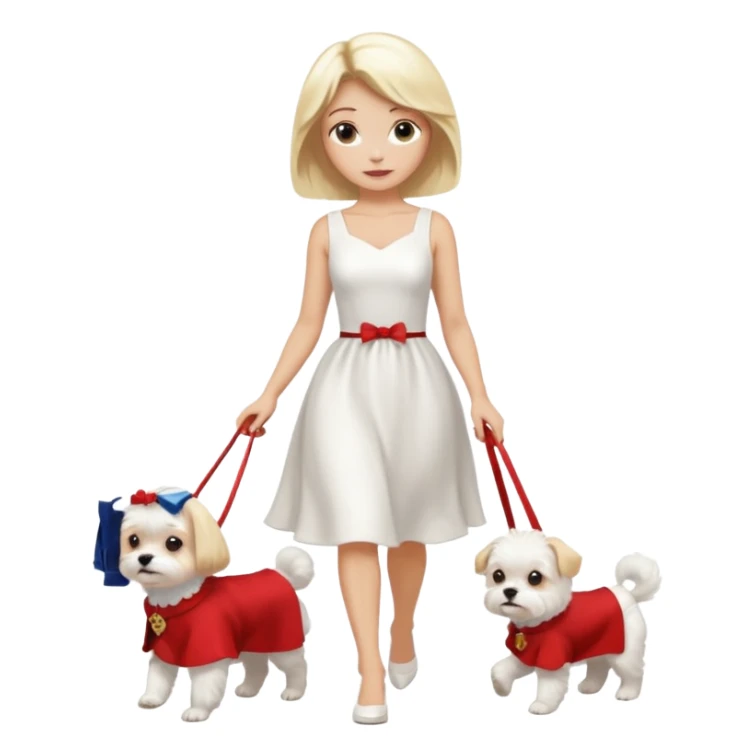 blonde woman wearing white, walking a small maltese dog. sticker
