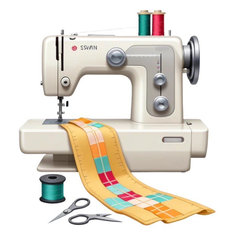 Sewing icon, measuring tape, pins, scissors, and a dress in progress, sewing machine with thread, visible needle, spools of thread, fabric pieces cut according to patterns, minimalistic style, clean lines, transparent background. sticker