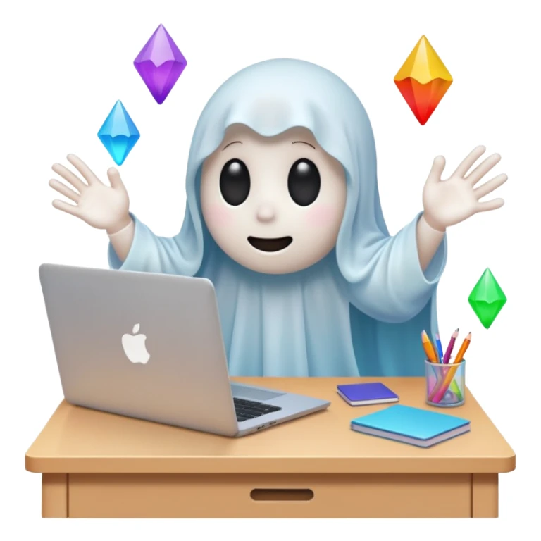 A cute ghost sits in front of a desk and is designing it with a laptop. see a laptop screen, and there is a photoshop screen on the screen. On the ghost surface, many shapes are leaving. sticker