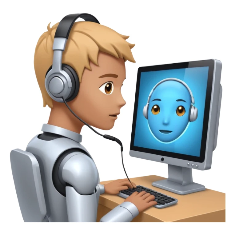 human is using some complicated system, in front of the monitor, asking someting to the monitor by natural language the monitor, ai robot answering in his own language sticker