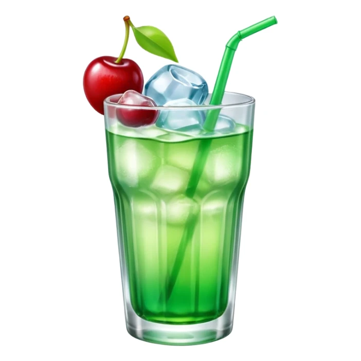 Create an emoji with a very clear rounded glass and ice, bright transparent green soda , a smooth vanilla scoop circle shape, a glossy red cherry, using vibrant colors, soft shading, and clear glass highlights.
 sticker