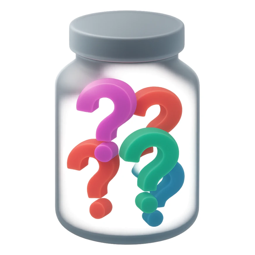 glass jar filled with colorful question marks inside, matte glass style sticker