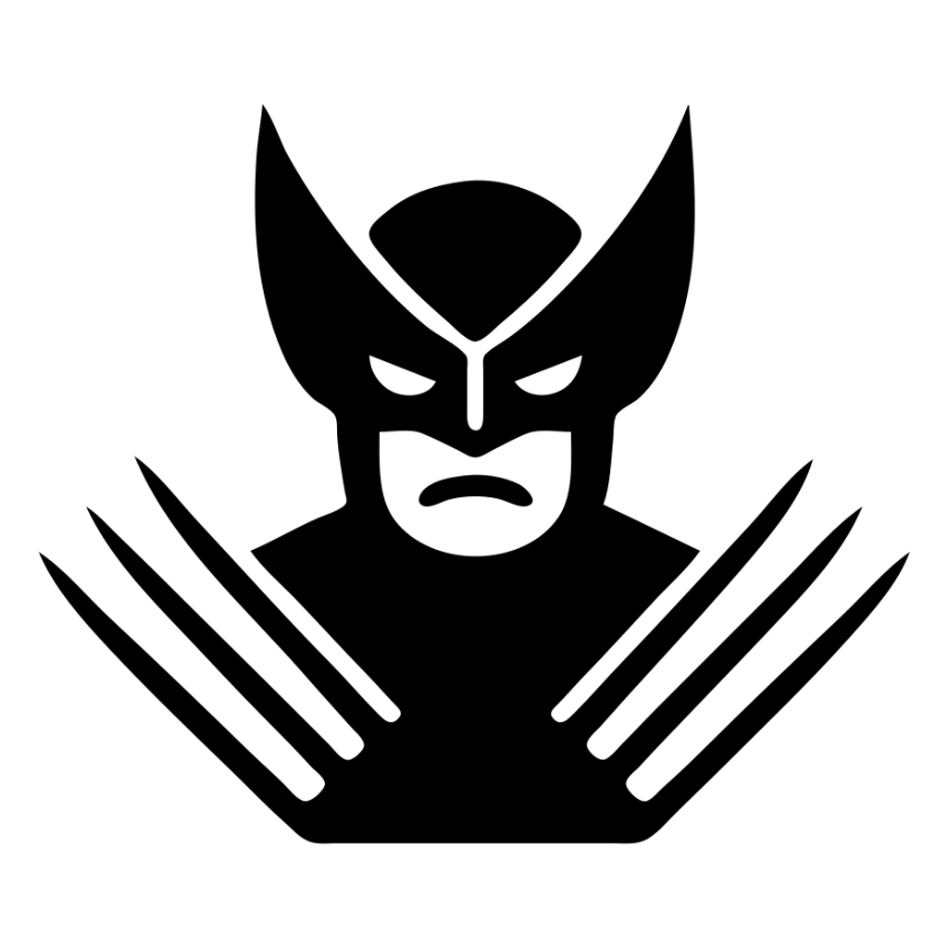 Wolverine as a solid black icon, strong outline, mask and claws, no text sticker