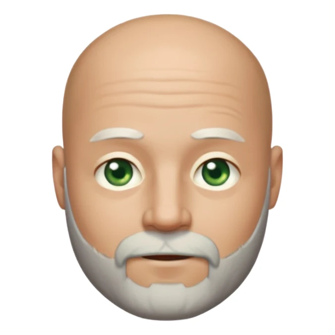 a man with light skin, a bald head, and a well-maintained beard that is darker at the top and greying towards the chin. He has striking light green eyes and a subtle, closed-mouth smile. The lighting highlights his face, and the background is softly blurred, suggesting an indoor setting. sticker