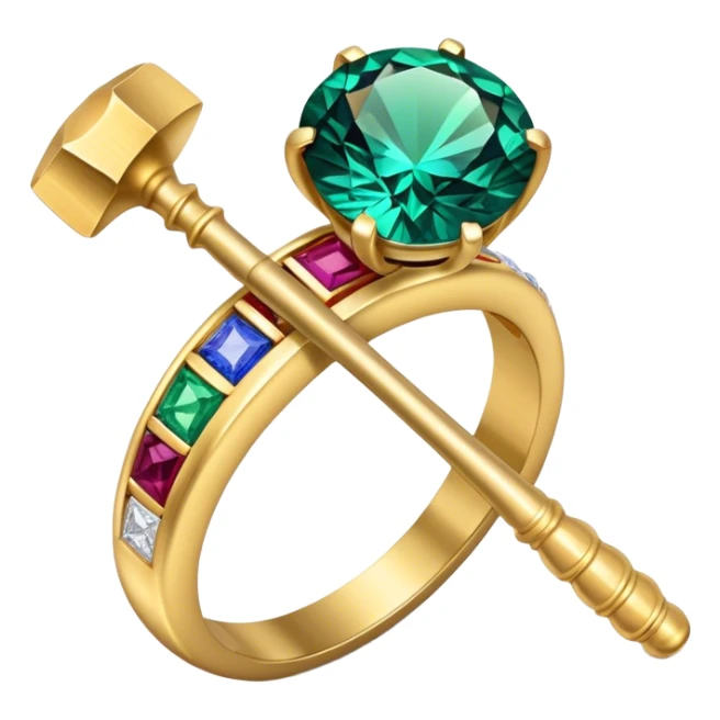 Create a bright and eye-catching emoji symbolizing jewelry craftsmanship and the art of making jewelry. Include a sparkling gemstone, a delicate ring, and tools like a hammer or chisel. The design should be elegant, with fine details and a luxurious feel, representing the precision and artistry of jewelry making. Use vivid colors like gold, silver, and deep jewel tones for the gemstone. Ensure the icon has a transparent background. sticker